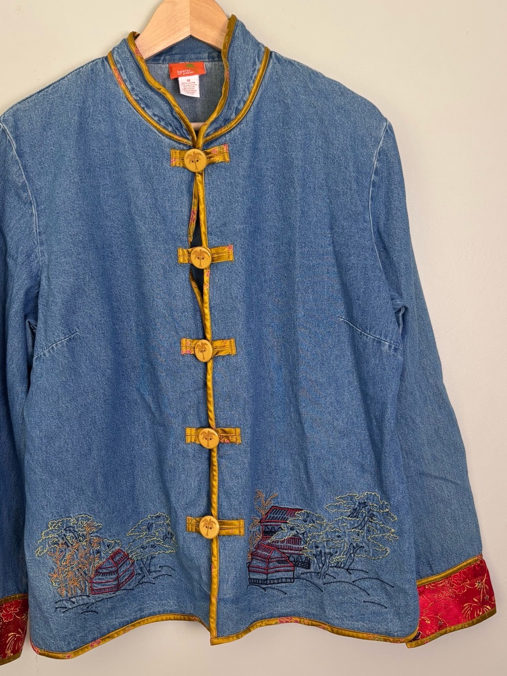 VTG 90s Hearts of Palm Denim Jacket-Asian Inspired Embroidered-Band Collar-Sz 14